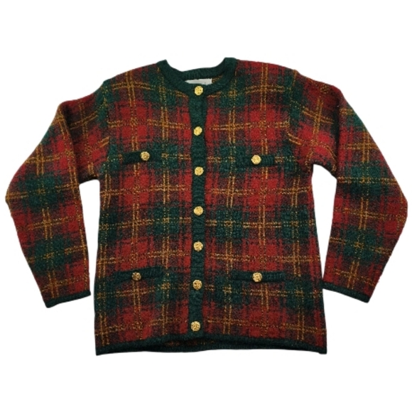 franco valeri Sweaters - Vintage Franco Valeri Plaid Wool Blend Cardigan Gold Buttons Preppy Size S